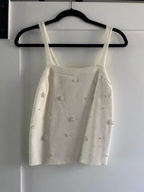 Primark Beaded Cream Ribbed Square-Neck Camisole Medium